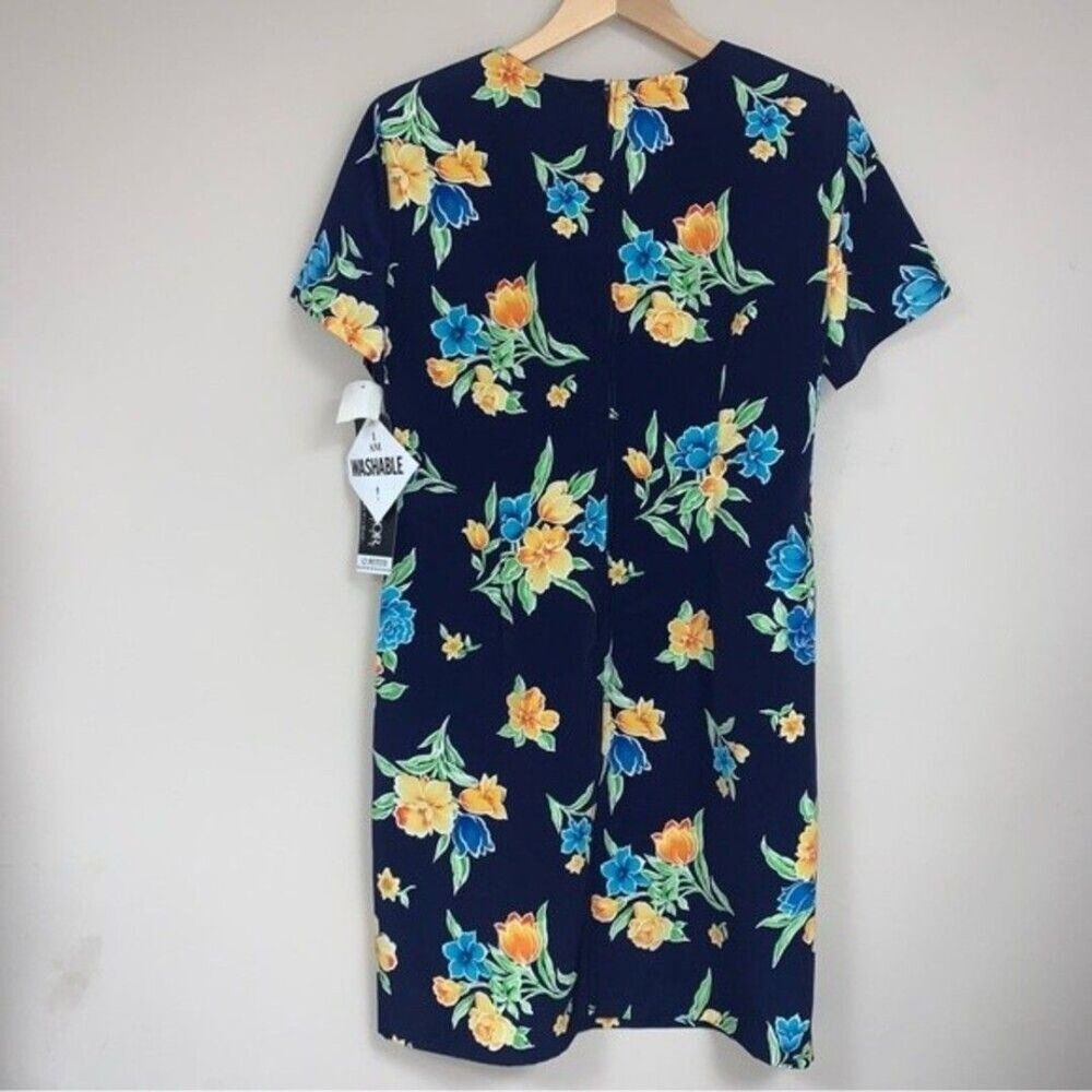 Beachy Navy Blue Floral Dress Women’s 12P Short Sleeve Resortwear by Sag Harbor